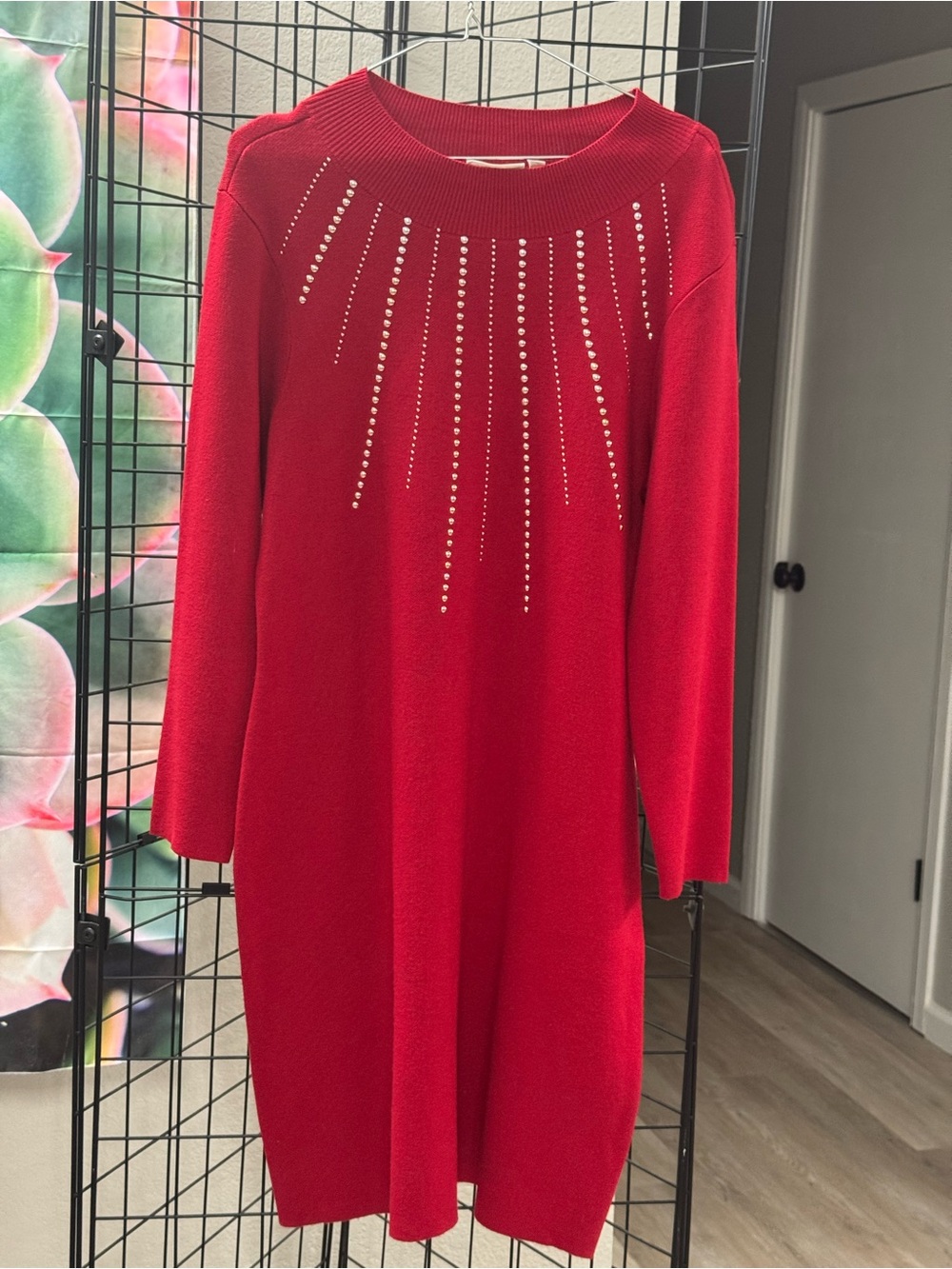 Embellished Gold Red Knit Long-Sleeve Dress XL Pit 20-33 L 39